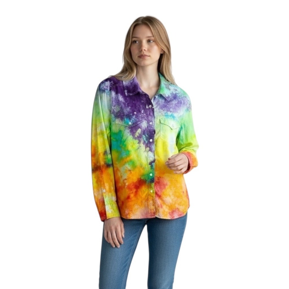Sundance Medium Top Handmade Tie Dye Long Sleeve Button Up Rainbow Festival 347‎